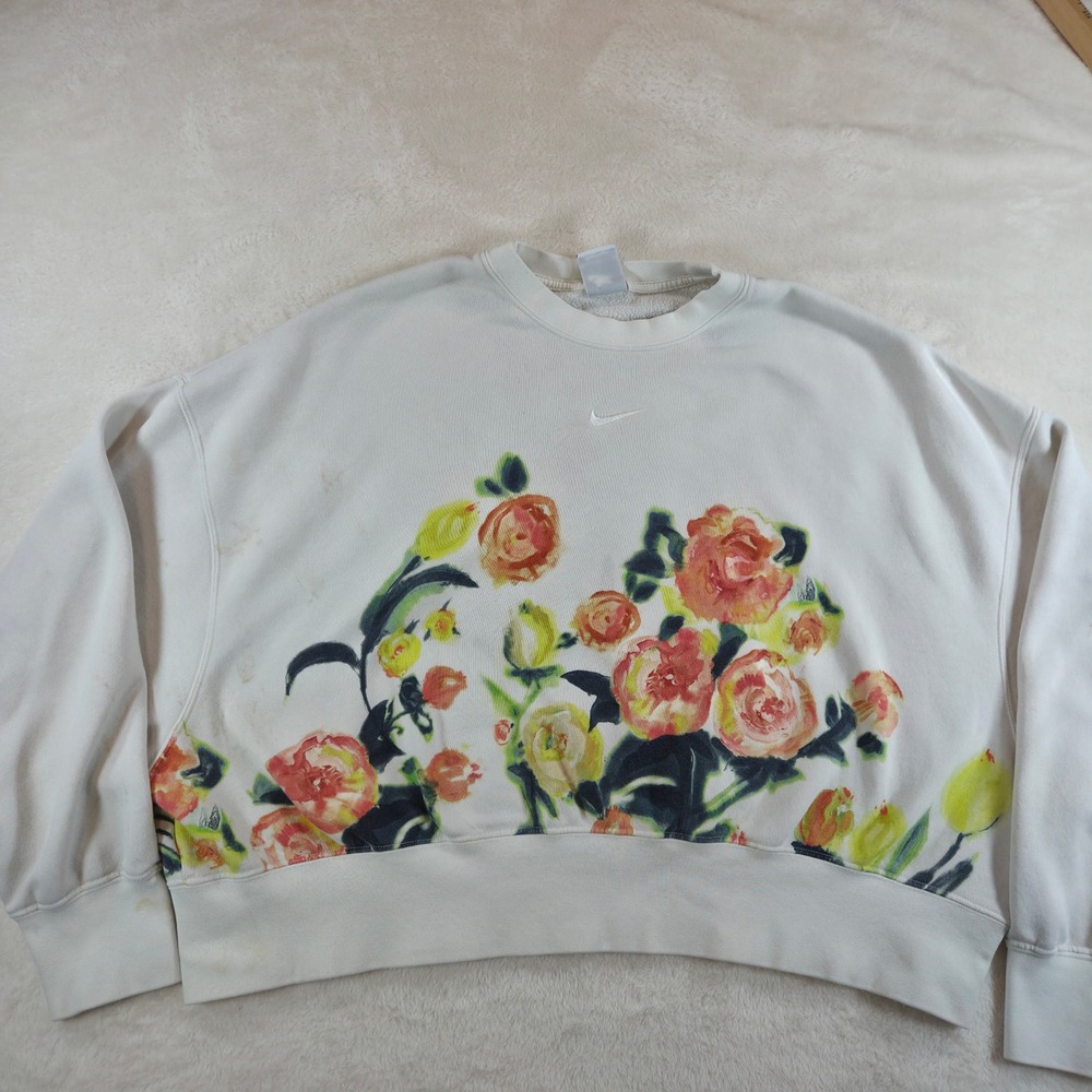 Nike Womens Floral Print Oversized Crop Sweatshirt Medium Cream Cotton Blend
